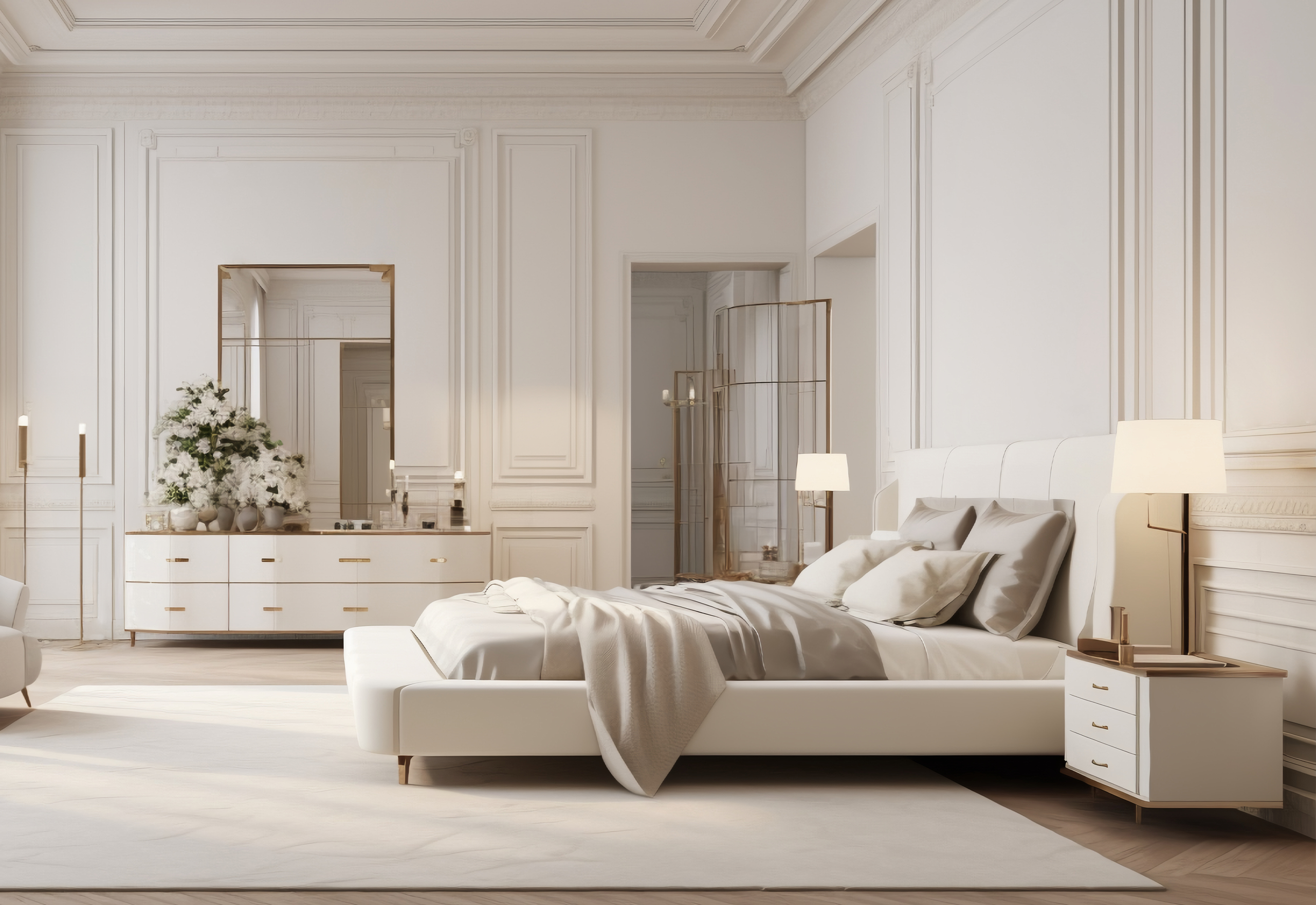 Freshly painted bedroom interior with light-colored walls